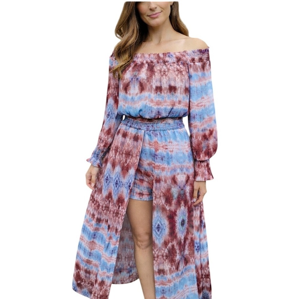 Venus Womens Tie Dye Off Shoulder Maxi Romper Gown Blue Burgundy Size 14